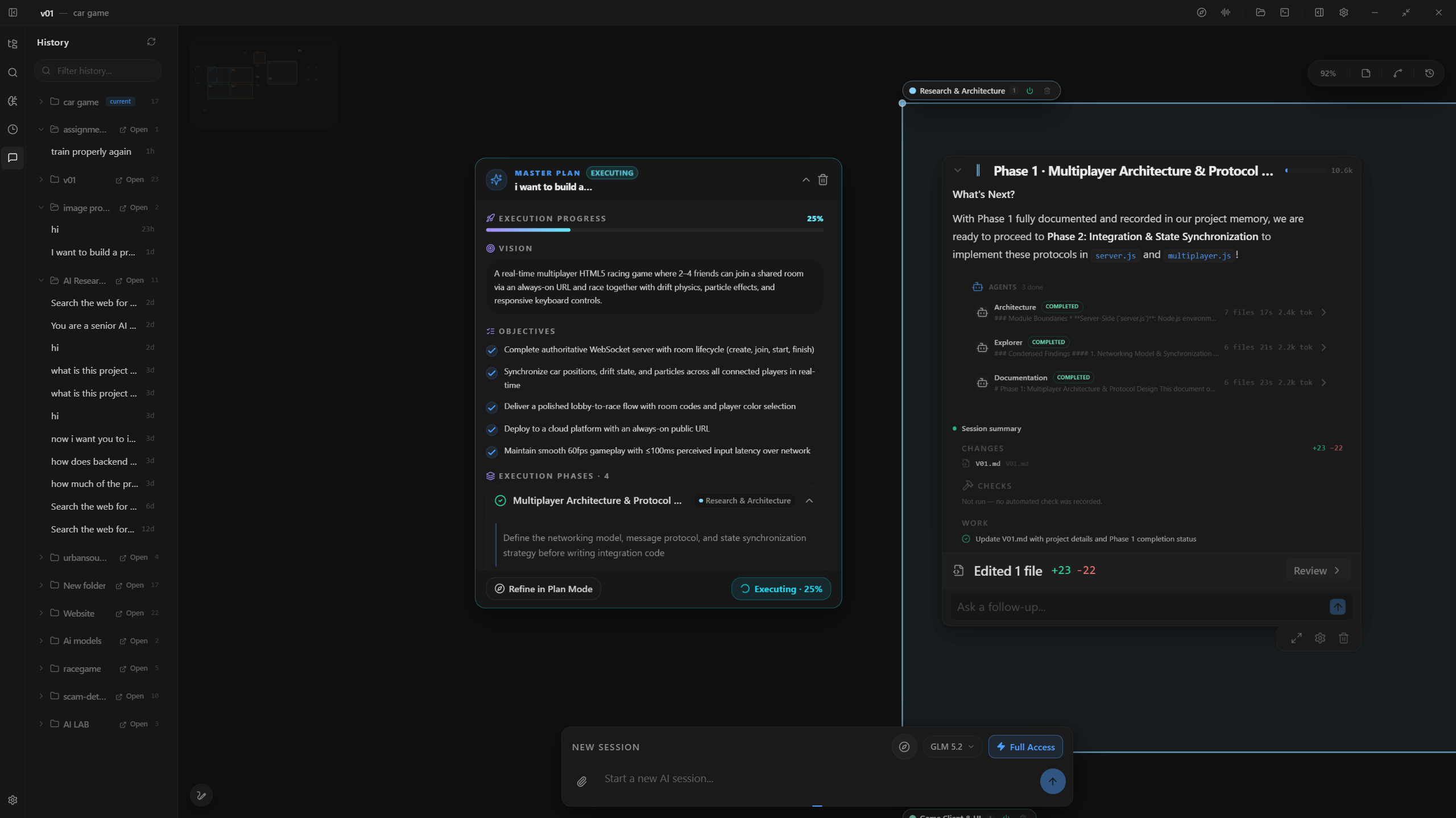 V01 Plan Mode — Master Plan card with execution progress, objectives and multi-agent coordination on the infinite canvas